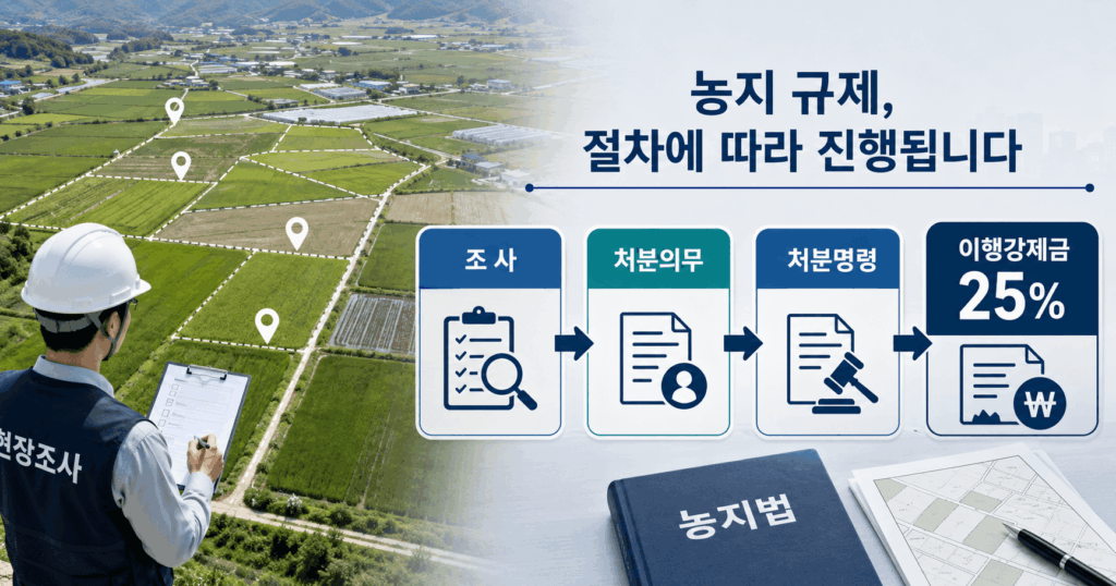 2026 농지 전수조사의 현장 확인부터 처분명령과 25% 이행강제금까지의 절차를 나타낸 농지 인포그래픽