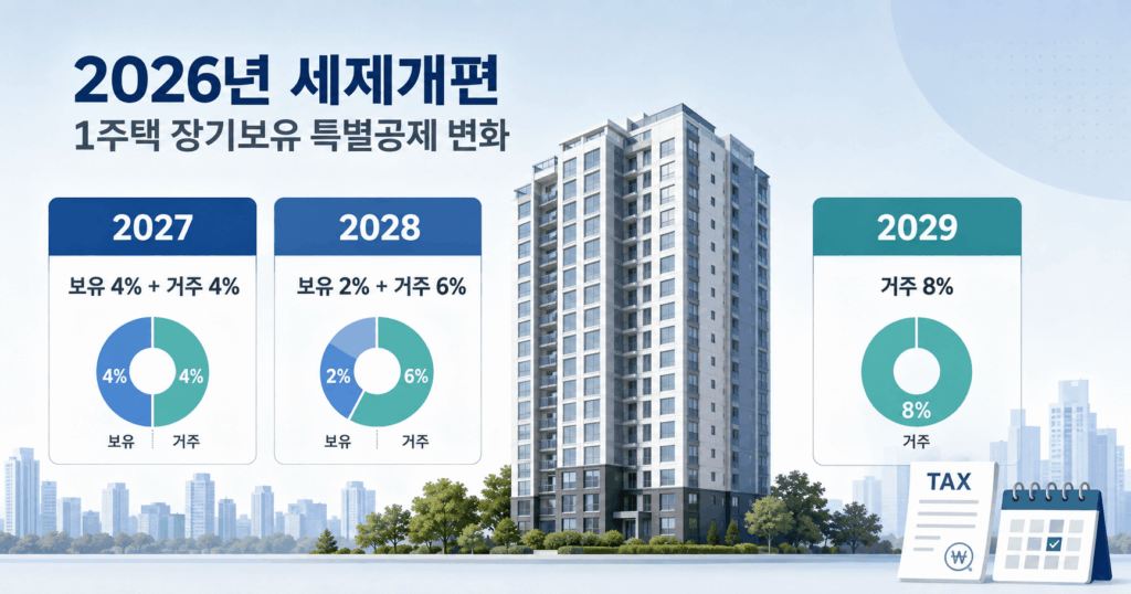2026 세제개편안에 따른 2027년부터 2029년까지 1주택 장기보유특별공제율 변화를 보여주는 이미지