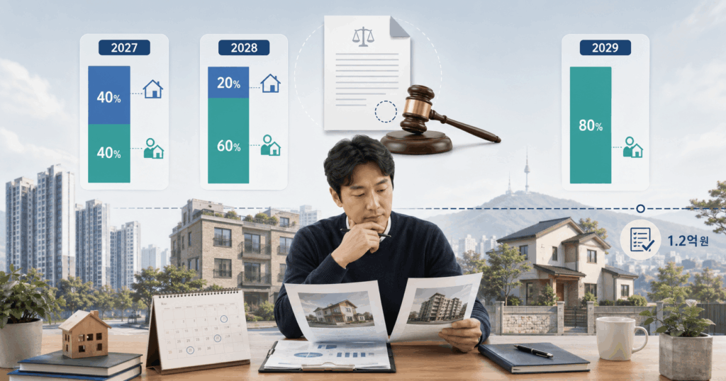 2026 장기보유특별공제 개편안의 입법 단계와 2027·2028·2029년 거주·보유 공제 구조를 비교하는 이미지