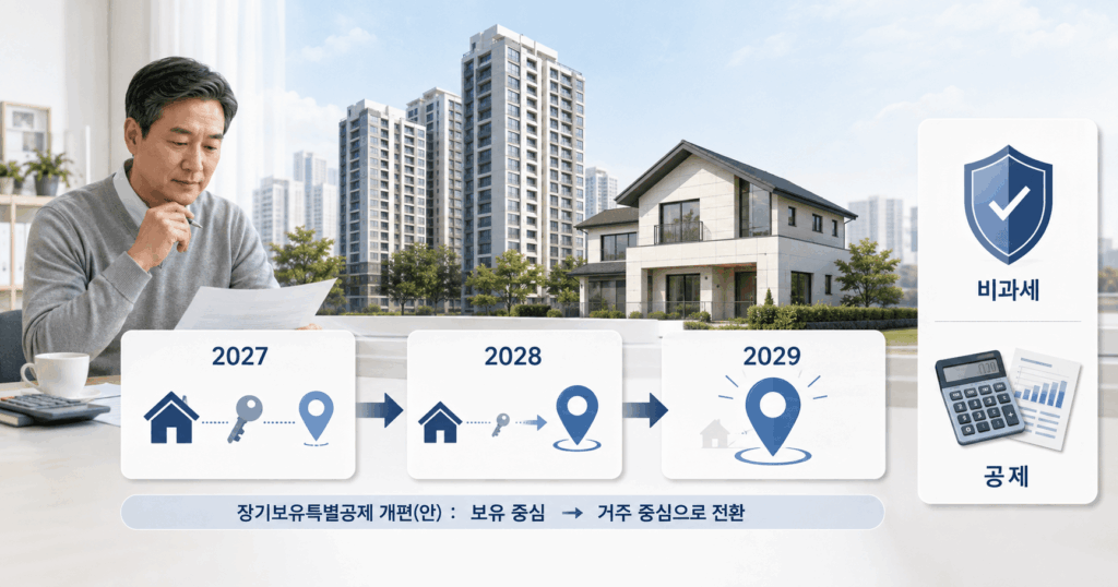 2026 장기보유특별공제 개편안의 2027년 현행 유지, 2028년 단계 전환, 2029년 거주공제 중심 변화를 보여주는 주택 세금 인포그래픽