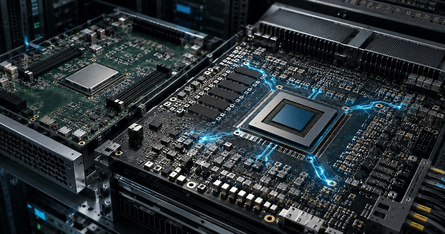 AI 서버 MLCC 일반 서버 차이를 보여주는 GPU 보드와 고밀도 적층세라믹커패시터 이미지