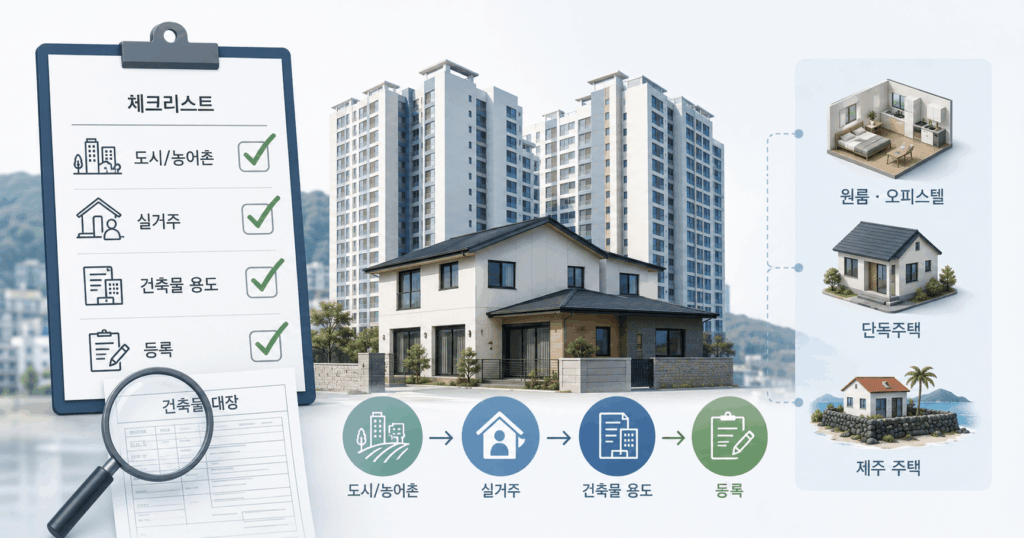 아파트·원룸·제주 주택의 에어비앤비 등록 가능 여부를 건축물 용도와 실거주 조건으로 확인하는 체크리스트 이미지