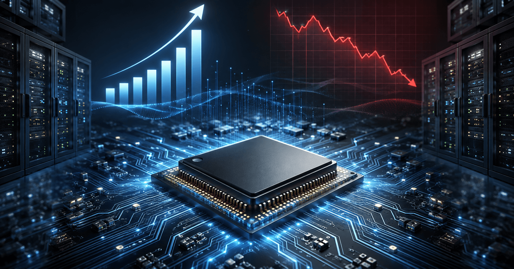 AMD 실적 주가 하락 이유를 상징하는 반도체 칩과 엇갈린 실적·주가 그래프