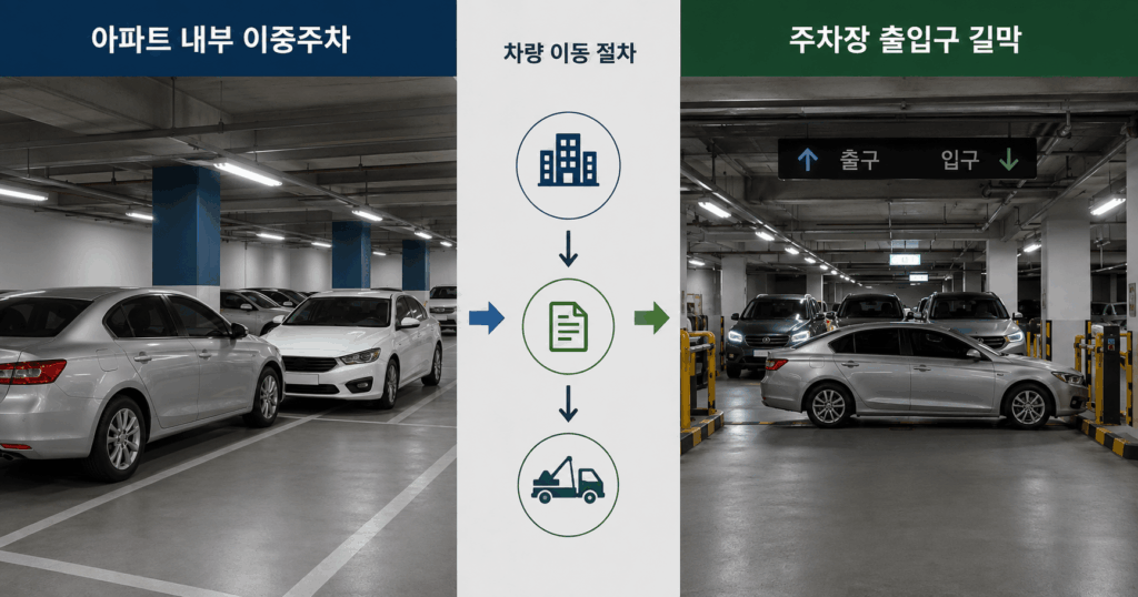 아파트 내부 이중주차와 주차장 출입구 길막 차량의 2026년 주차장법 적용 차이를 비교한 이미지