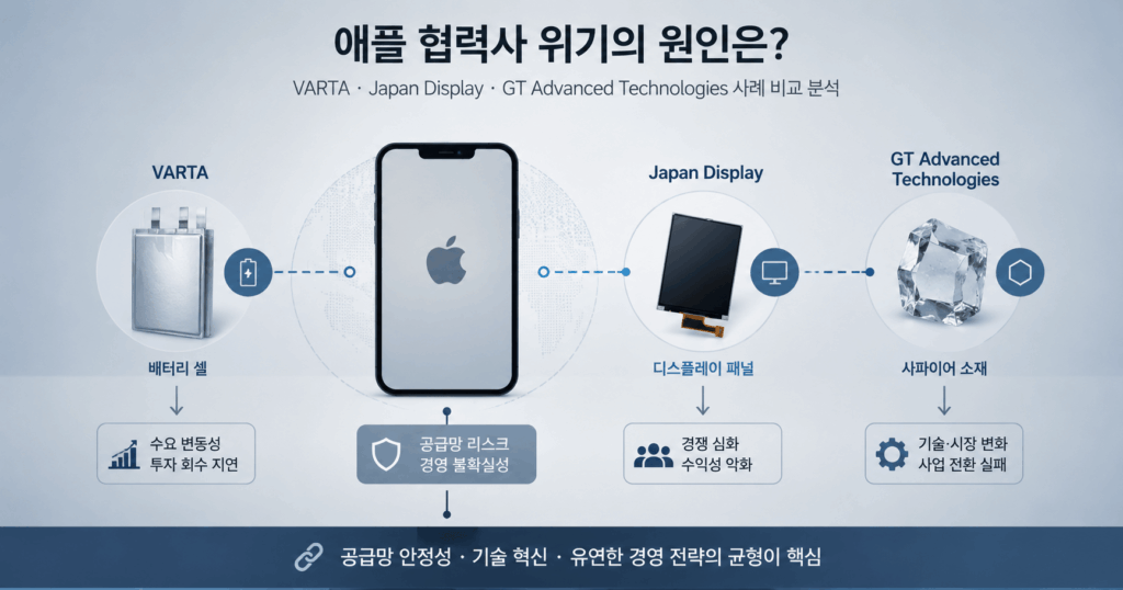 애플 협력사 위기의 원인을 바르타·JDI·GTAT 사례로 비교한 공급망 분석 이미지
