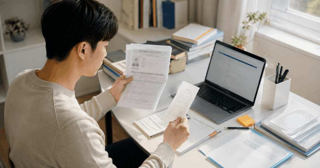 자격증 시험 영수증과 신청 서류를 확인하는 부평구 청년 취업준비생