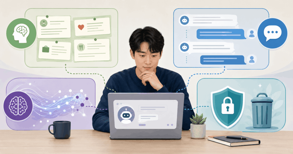 ChatGPT 메모리와 과거 대화 저장, AI 학습 설정과 개인정보 삭제의 차이를 표현한 이미지