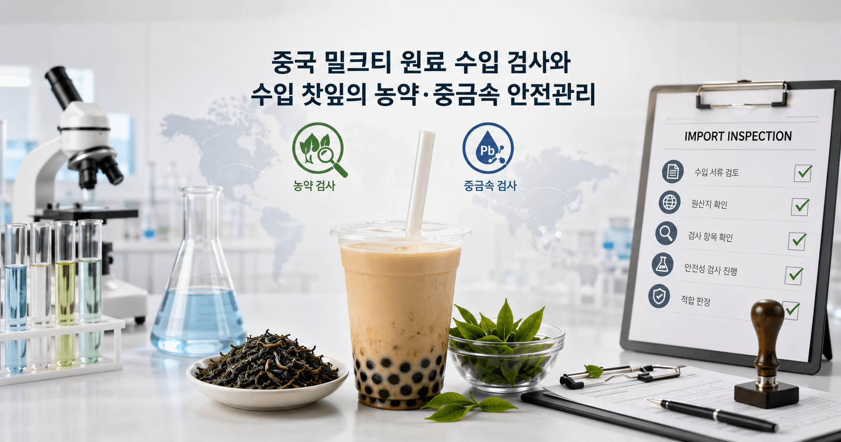 중국 밀크티 원료와 수입 찻잎의 농약·중금속 검사 절차를 표현한 식품 검사실 콘셉트 이미지