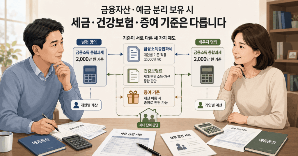 부부가 예금을 나눠 보유할 때 금융소득 2,000만 원 개인별 기준과 건강보험료·증여 기준을 비교하는 이미지
