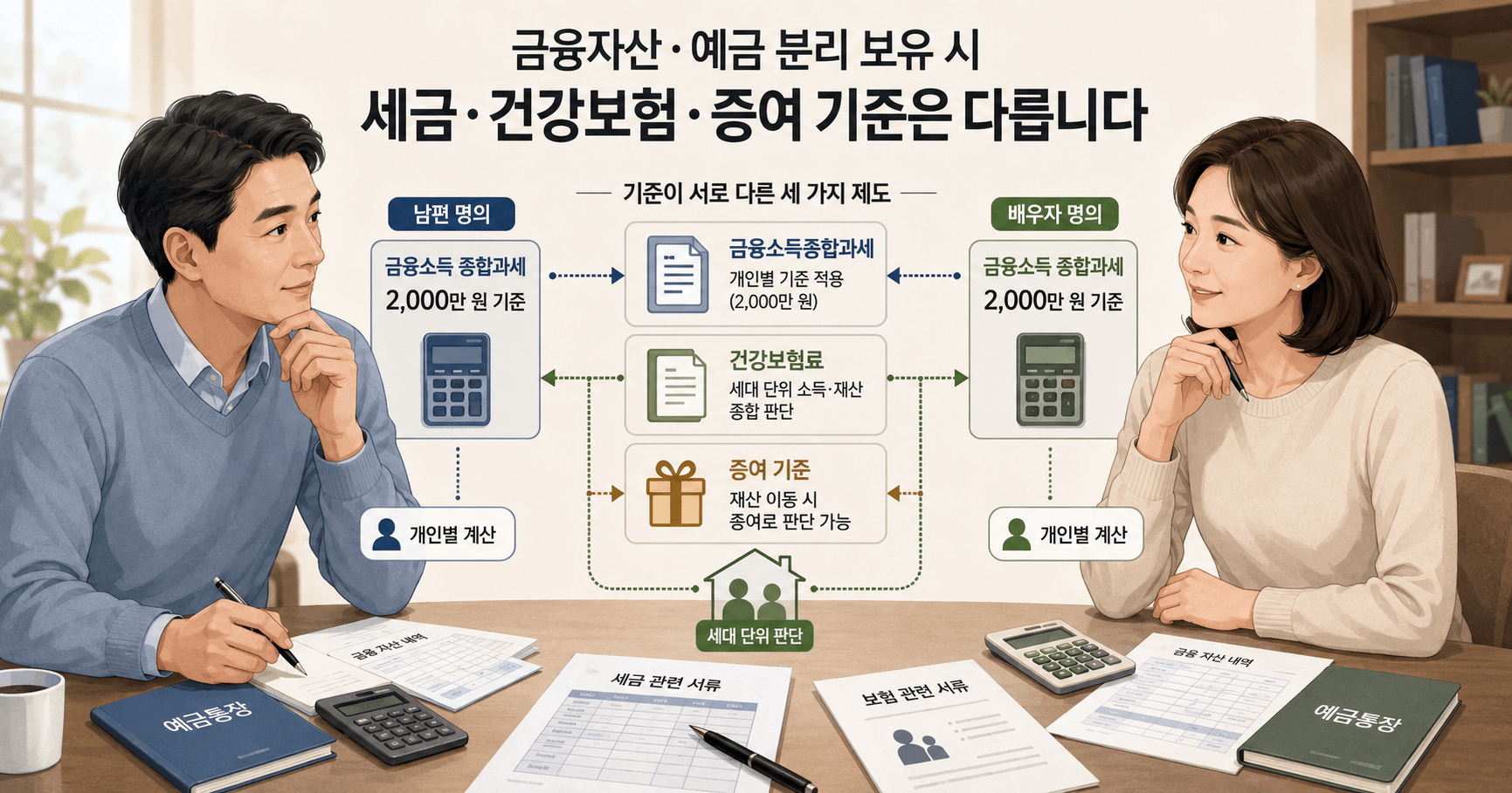 부부가 예금을 나누면 금융소득 2,000만 원 기준도 각각 적용될까? 세금·건보료 기준 정리