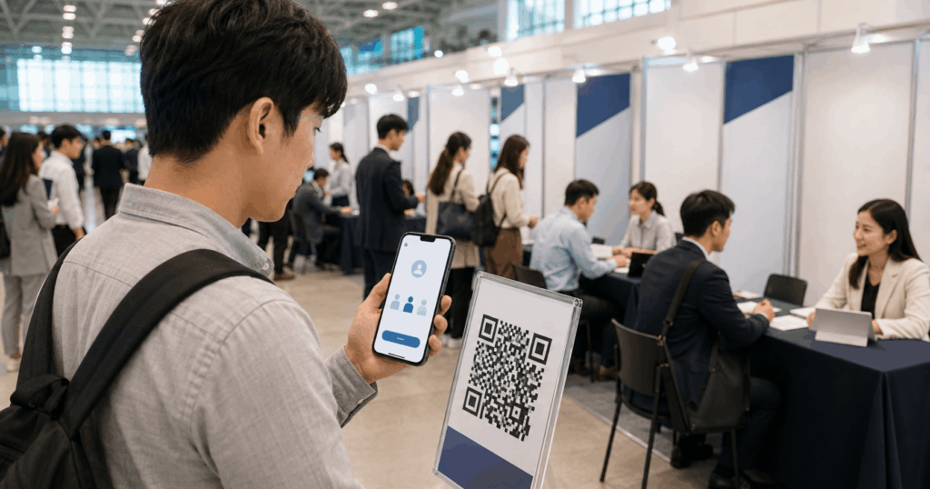 금융권 공동채용 박람회 현장에서 구직자가 스마트폰으로 QR 대기 신청을 확인하며 금융회사 채용상담을 준비하는 모습