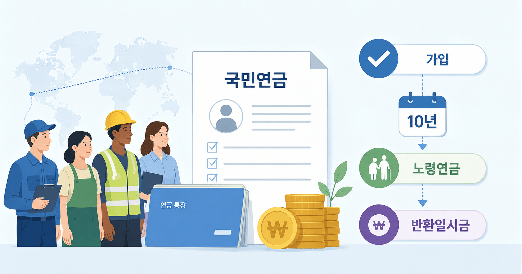 외국인 국민연금 가입 대상과 10년 노령연금 수급요건, 반환일시금 기준을 설명하는 이미지