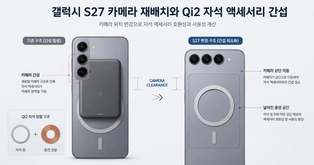 갤럭시 S27 카메라 위치 변경설과 Qi2 자석 링, 보조배터리의 카메라 간섭 구조를 비교한 개념도