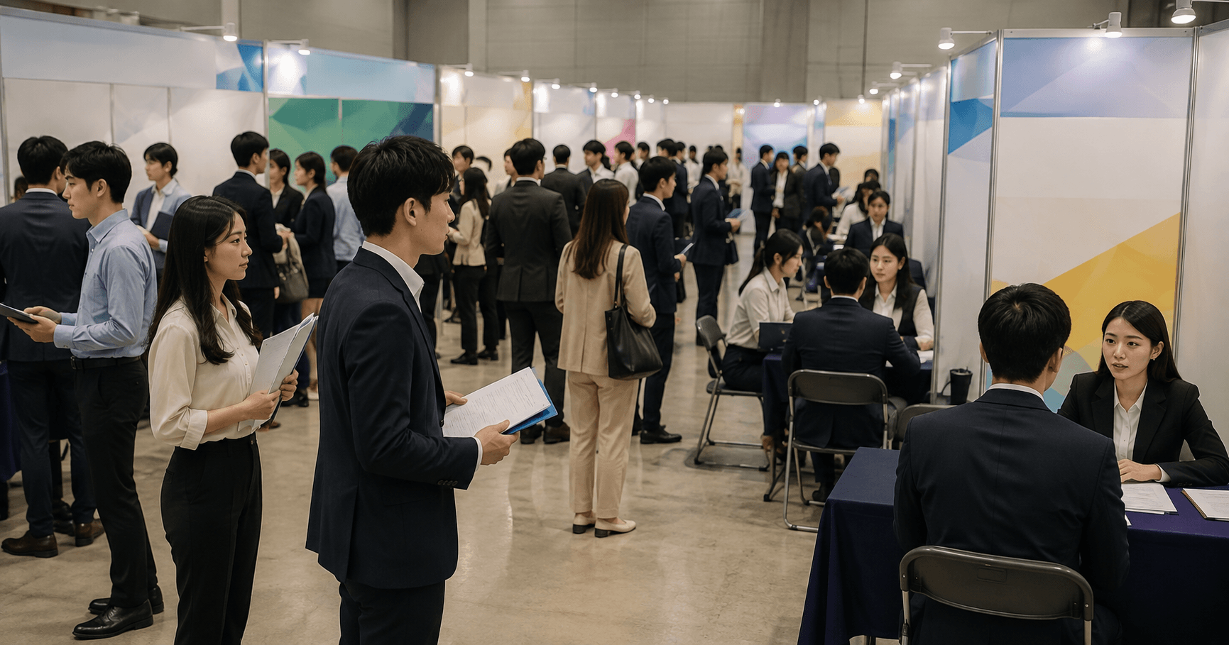 이력서를 들고 고양시 청년 취업박람회 상담 부스를 둘러보는 구직자들