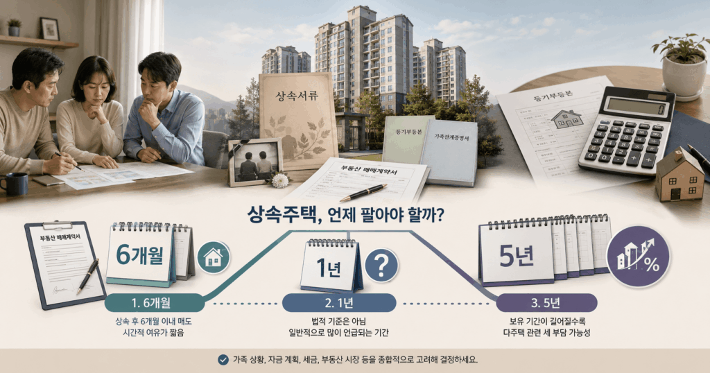 상속주택 매도 시기를 6개월·1년·5년으로 나누어 세금과 등기 조건을 비교하는 일러스트