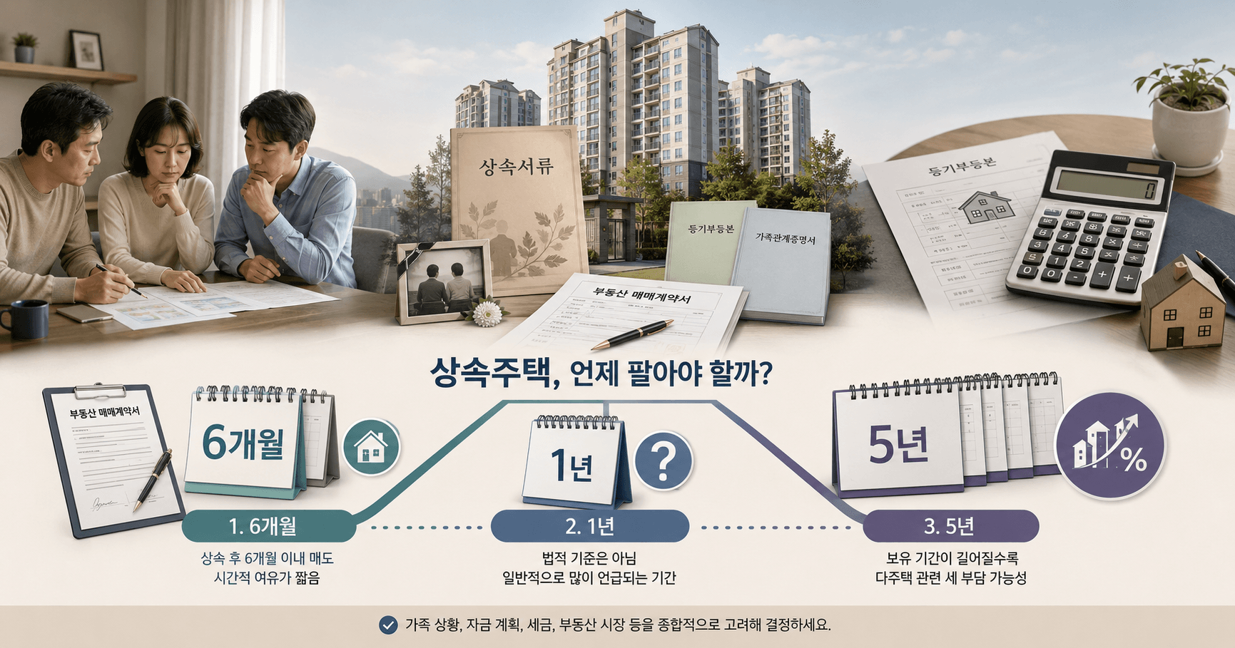 상속주택 매도 시기를 6개월·1년·5년으로 나누어 세금과 등기 조건을 비교하는 일러스트