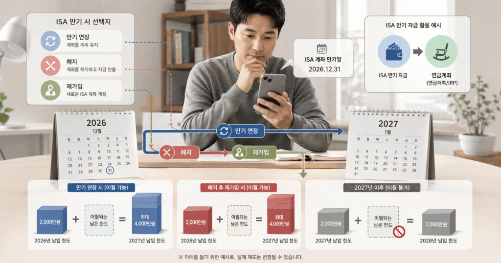 기존 ISA 가입자가 만기 연장과 해지 재가입, 2027년 납입한도 이월 폐지를 비교하는 이미지