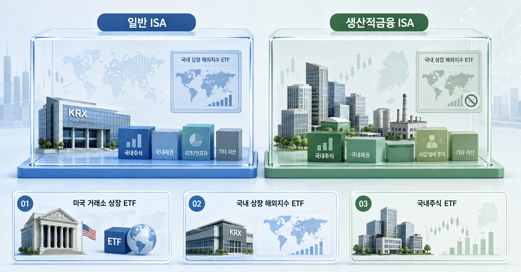 일반 ISA와 생산적금융 ISA의 국내 상장 해외지수 ETF 투자 가능 여부를 비교한 이미지