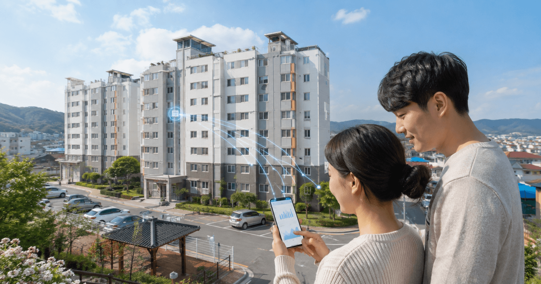 공공임대 아파트 앞에서 스마트폰으로 에너지 사용 현황을 확인하는 입주민을 표현한 전남형 만원주택 스마트 주거 서비스 이미지
