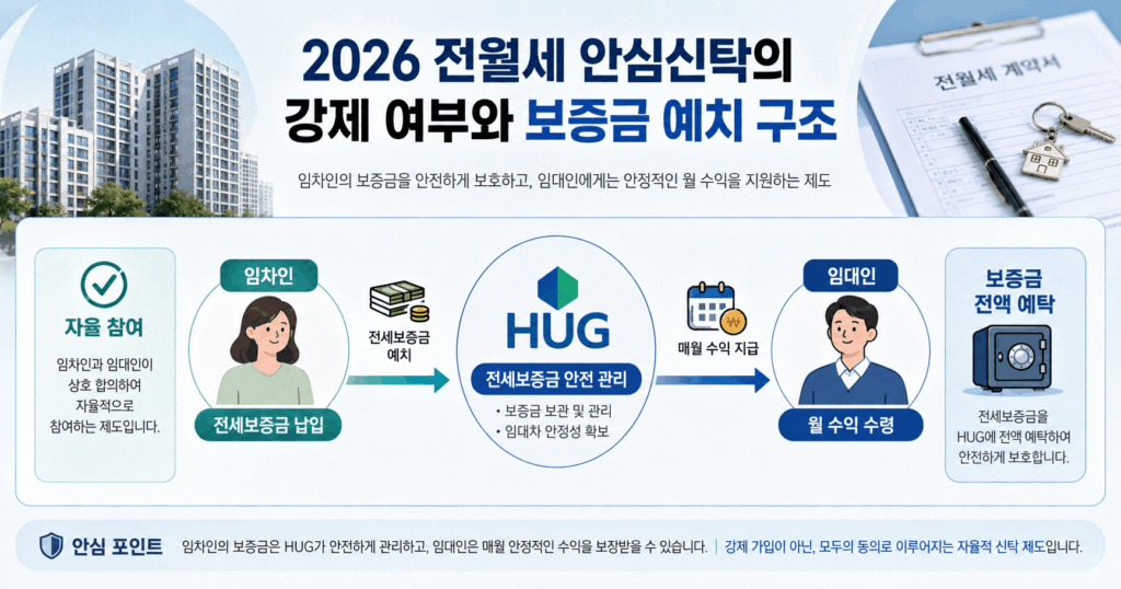 자율 참여 방식으로 임차인이 HUG에 전세보증금을 예치하고 임대인이 월 수익을 받는 2026 전월세 안심신탁 구조