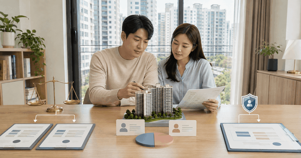 부부 공동명의 종부세 2028 일반과세와 1세대 1주택 특례 계산 구조를 비교하는 부부의 모습