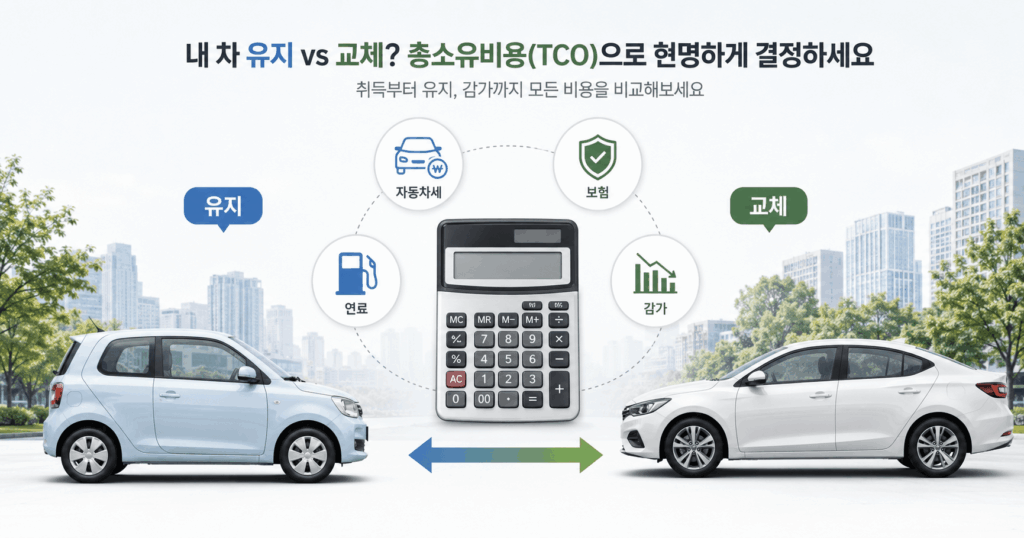 경차 계속 보유와 차량 교체의 감가상각·보험·자동차세·연료비를 비교하는 자동차 총비용 이미지