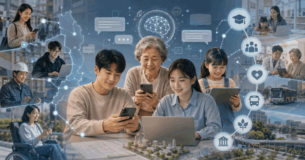 2026년 전 국민 AI 지원 정책과 모두의 AI 서비스의 보편적 접근 범위를 설명하는 개념 이미지