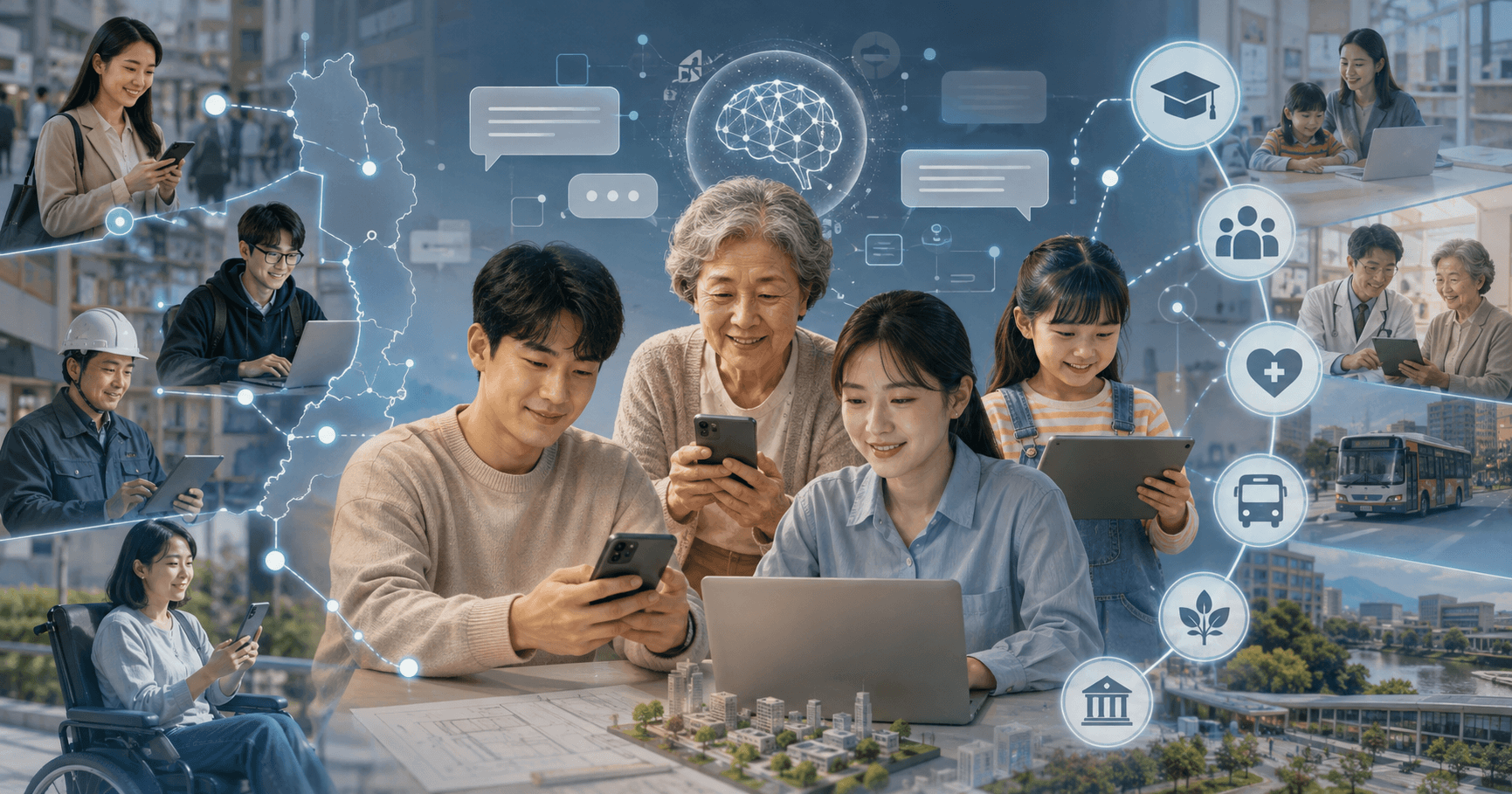 2026년 전 국민 AI 지원 정책과 모두의 AI 서비스의 보편적 접근 범위를 설명하는 개념 이미지