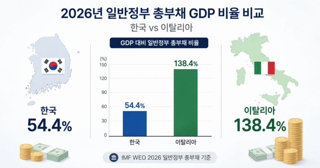 2026년 IMF 기준 한국 54.4%와 이탈리아 138.4%의 일반정부 총부채 GDP 비율을 비교한 그래픽