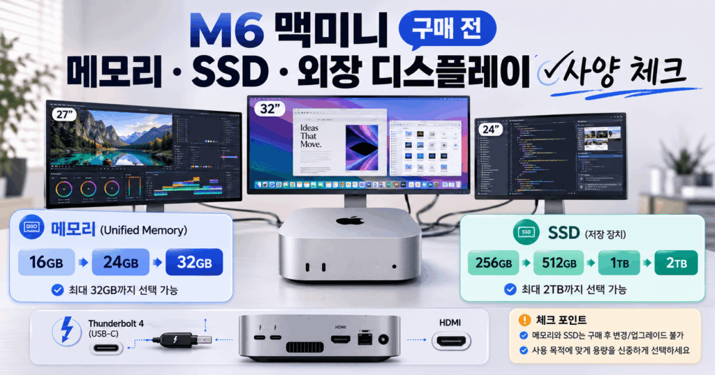 M6 맥미니의 최대 32GB 메모리, 최대 2TB SSD 구성, 외장 디스플레이 3대 지원을 보여주는 구매 전 사양 체크 이미지