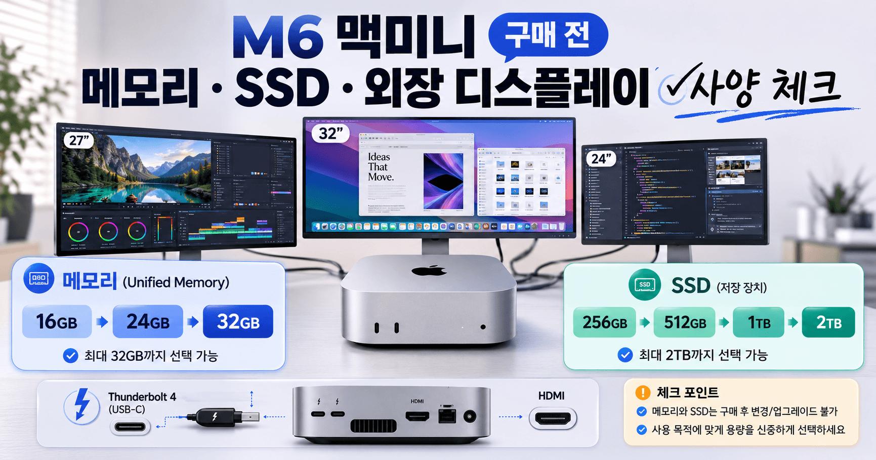 M6 맥미니 구매 전 사양 체크: 최대 메모리·SSD·외장 디스플레이 몇 대까지 가능한가
