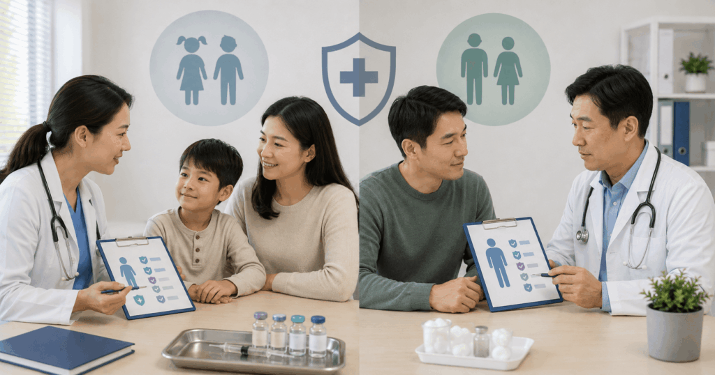 수막구균 백신의 성인과 아이 접종 필요성을 의료진과 상담하는 모습