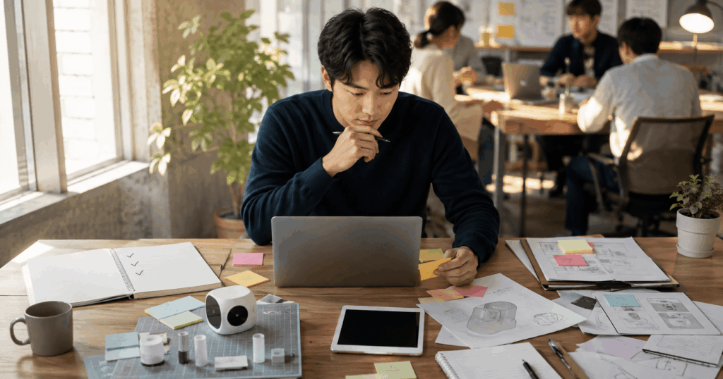 노트북 앞에서 창업 아이디어와 신청 조건을 확인하며 모두의 창업 2차 모집을 준비하는 예비창업자