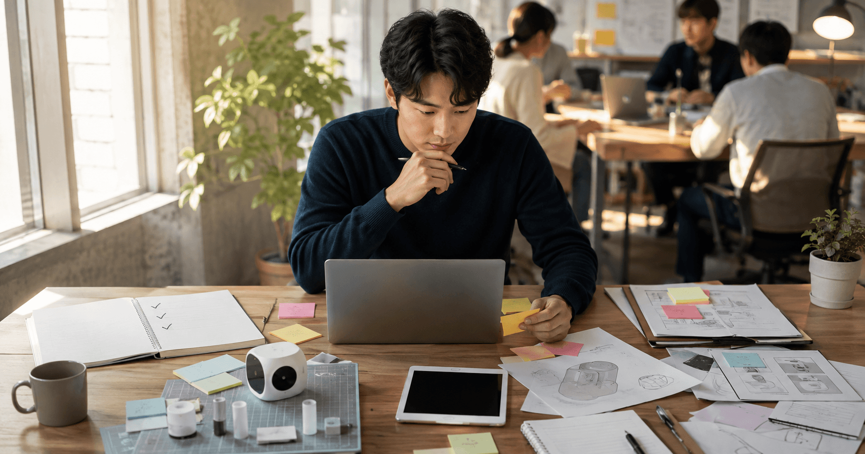 노트북 앞에서 창업 아이디어와 신청 조건을 확인하며 모두의 창업 2차 모집을 준비하는 예비창업자