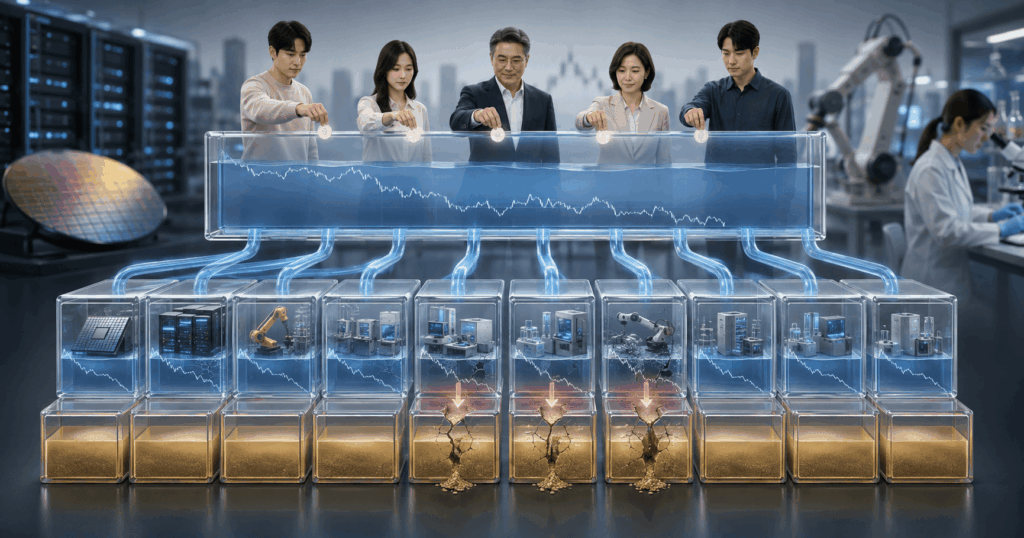 국민성장펀드 마이너스 수익률 이유와 자펀드별 정부 후순위 손실 부담 구조를 표현한 금융 일러스트