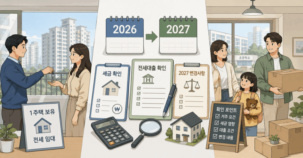 1주택자가 보유 주택을 전세 놓고 다른 집에 거주할 때 2026 세금과 전세대출, 2027 변경 사항을 확인하는 이미지