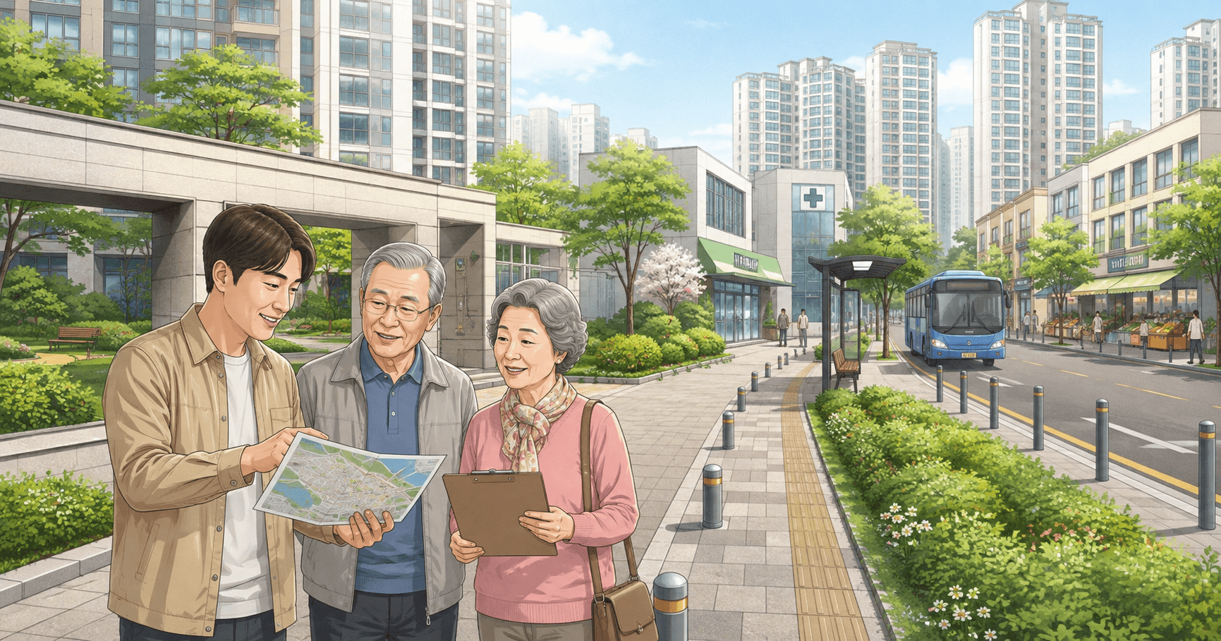 부모님 노후 아파트를 고르기 위해 병원과 보행로, 교통, 상권을 함께 확인하는 가족의 모습