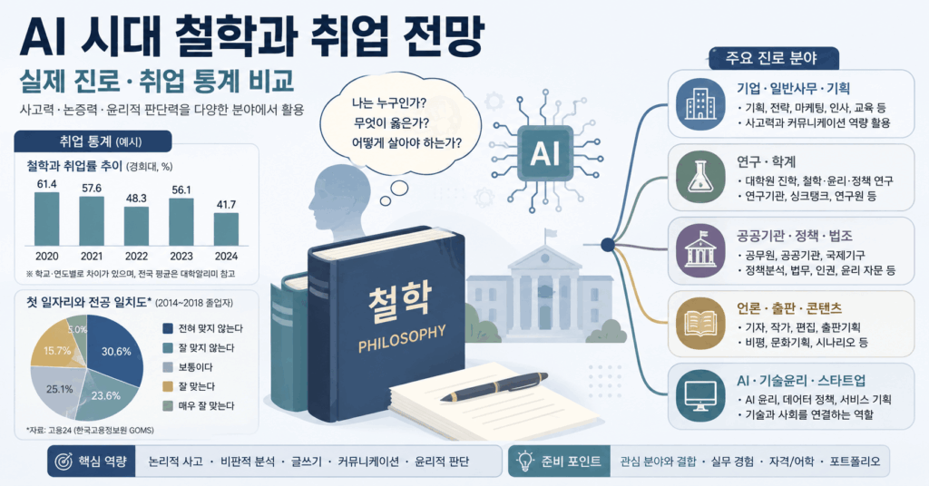 AI 시대 철학과 취업 전망과 실제 진로·통계를 비교한 이미지