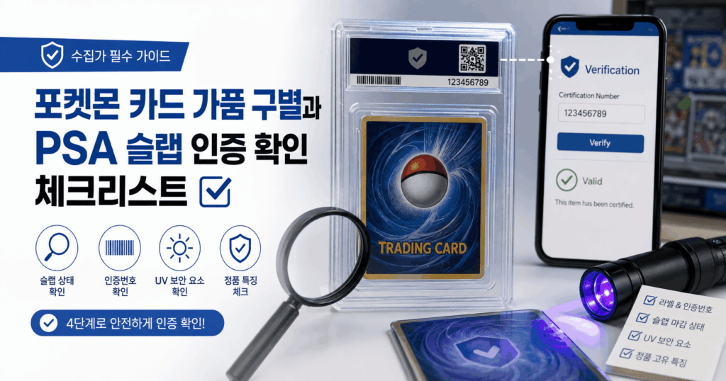 PSA 슬랩의 인증번호와 UV 보안 요소를 확인하는 포켓몬 카드 가품 구별 체크 이미지