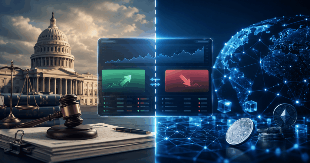 폴리마켓 CFTC 규제와 Polymarket US 및 국제판의 규제 구조 차이를 표현한 금융 규제 이미지
