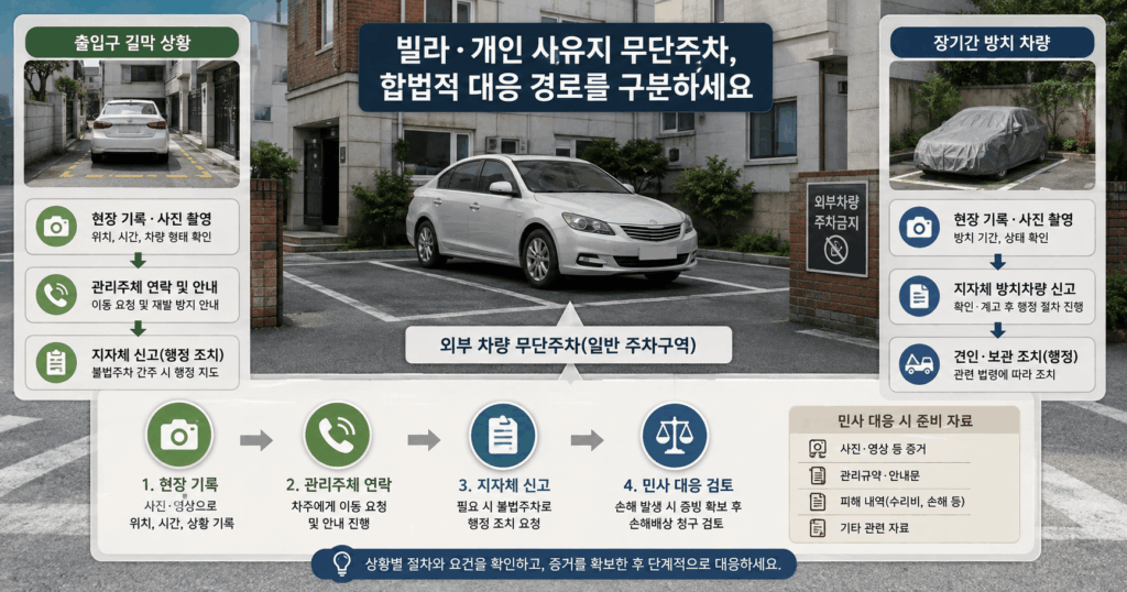 빌라와 개인 사유지 무단주차 차량의 신고, 장기 방치차량 처리, 주차장 출입구 방해 대응 절차를 구분한 이미지
