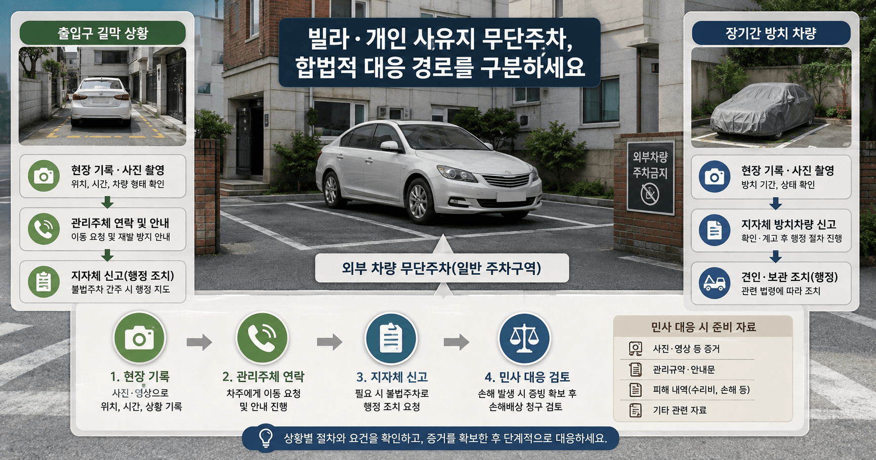 빌라와 개인 사유지 무단주차 차량의 신고, 장기 방치차량 처리, 주차장 출입구 방해 대응 절차를 구분한 이미지