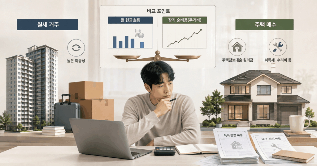 무주택 직장인이 월세와 주택 매수의 현금흐름과 장기 주거비를 비교하는 모습