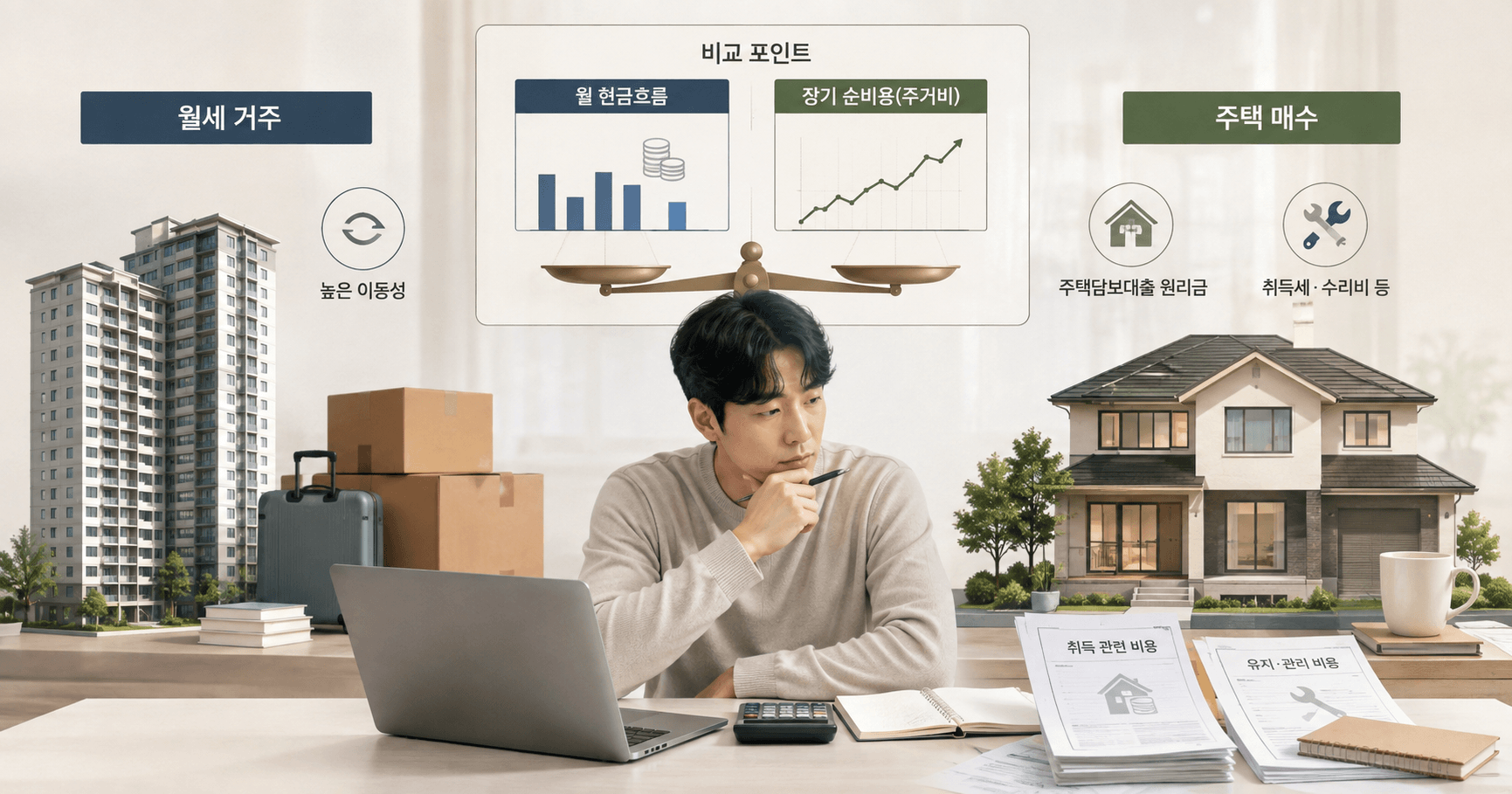 무주택 직장인이 월세와 주택 매수의 현금흐름과 장기 주거비를 비교하는 모습