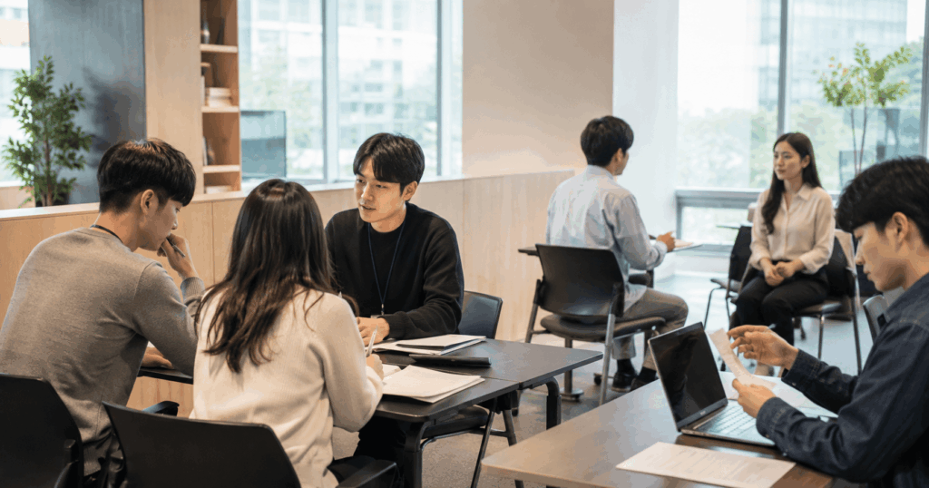 서울 디지털 인재 이음 취업캠프에서 취업 상담과 모의면접을 준비하는 청년 구직자들
