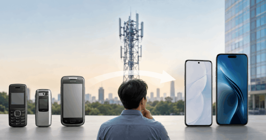 오래된 3G 휴대전화에서 LTE·5G 스마트폰으로 전환하는 모습을 표현한 이동통신 서비스 전환 이미지