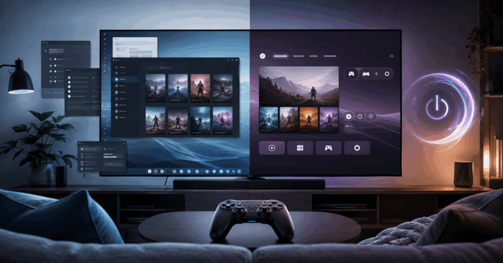SteamOS와 Windows Big Picture 모드의 차이를 거실 게이밍 환경에서 비교하는 이미지