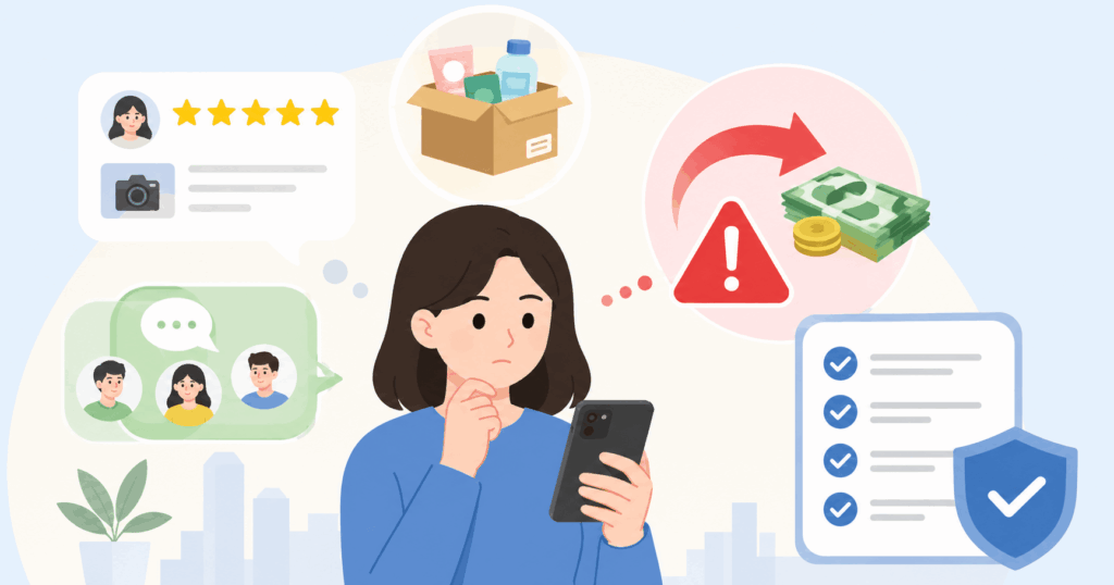 체험단과 리뷰 알바 제안에서 선입금과 팀미션 위험 신호를 확인하는 체크리스트 일러스트