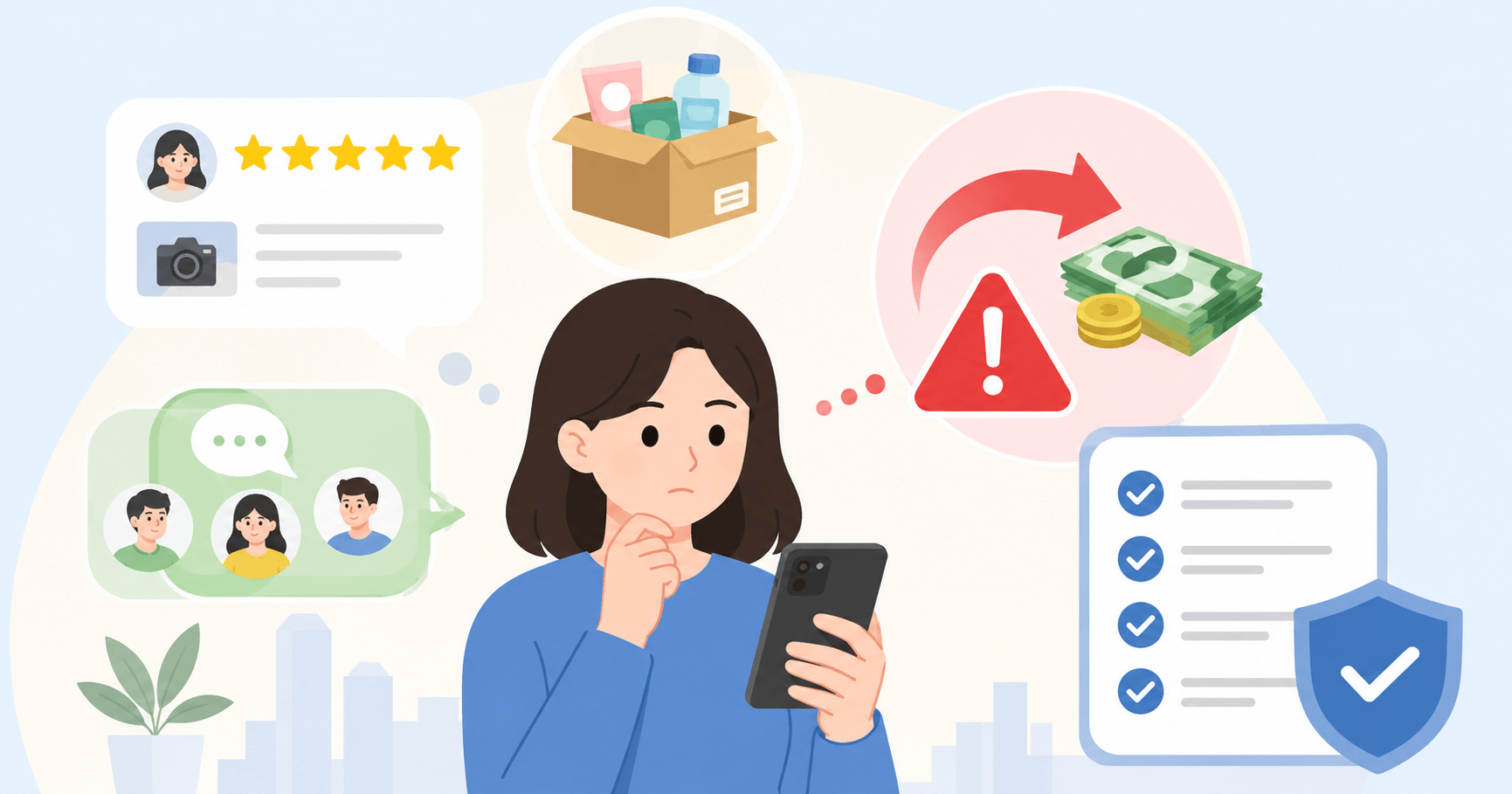 체험단과 리뷰 알바 제안에서 선입금과 팀미션 위험 신호를 확인하는 체크리스트 일러스트