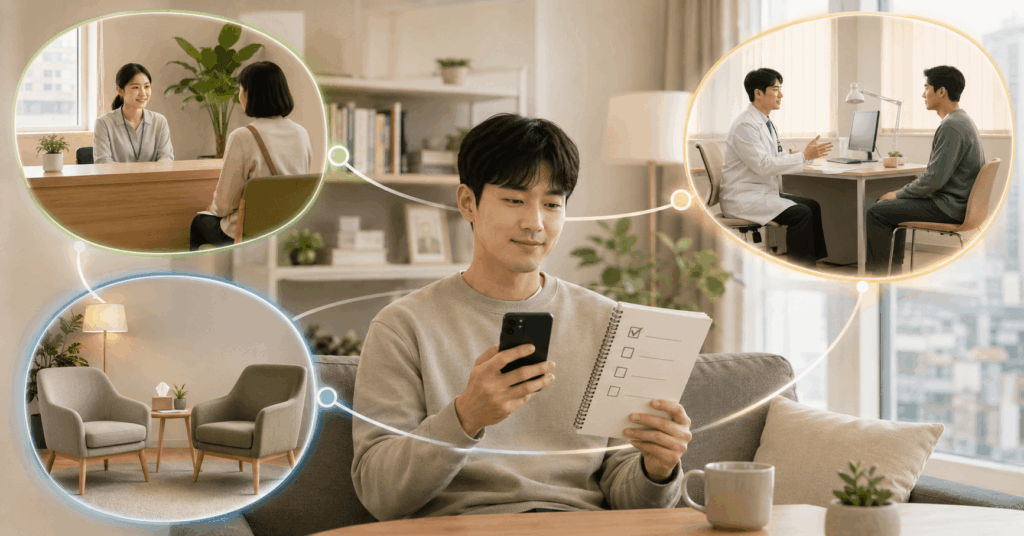 정신과에 언제 가야 하는지 확인하며 정신건강복지센터와 심리상담, 정신건강의학과의 차이를 비교하는 모습